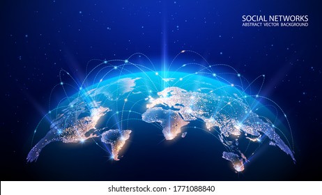 Vector. Map of the planet. World map. Global social network. Future. Blue futuristic background with planet Earth. Internet and technology. Floating blue plexus geometric background.  