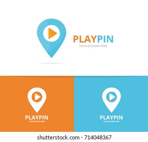 Vector of map pointer and button play logo combination. GPS locator and record symbol or icon. Unique pin and audio, video logotype design template.