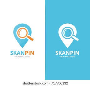 Vector of map pointer and loupe logo combination. GPS locator and magnifying symbol or icon. Unique pin and search design.