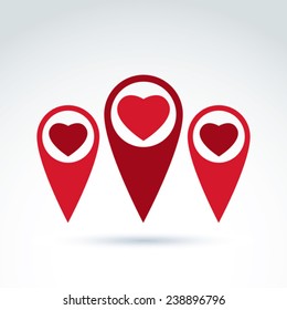 Vector map pointer with a loving heart icon. Place location symbol, red Valentine heart sign. 