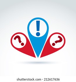 Vector map pointer with a question and exclamation marks. FAQ, conversation concept. 