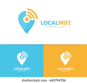Vector of map pointer and wifi logo combination. GPS locator and signal symbol or icon. Unique pin and radio, internet logotype design template.