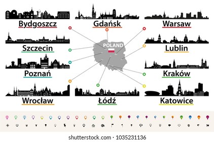 vector map of Poland with largest city skylines silhouettes vector map of Poland with largest city skylines silhouettes