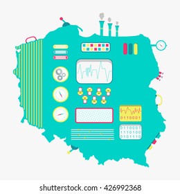 Vector of map of Poland like a cute engine with buttons, panels and levers. Isolated. White background.