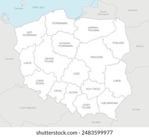 Vector map of Poland with provinces and administrative divisions, and neighbouring countries and territories. Editable and clearly labeled layers.