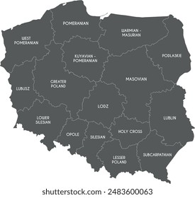 Vector map of Poland with provinces and administrative divisions. Editable and clearly labeled layers.