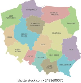 Vector map of Poland with provinces and administrative divisions. Editable and clearly labeled layers.