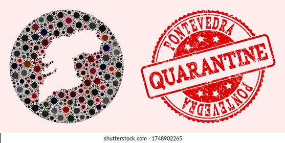 Vector map of Pontevedra Province collage of covid-2019 virus and red grunge quarantine seal stamp. Infection cells attack the quarantine territory from outside.