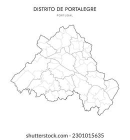 Vektor Map des Bezirks Portalegre (Distrito de Portalegre) mit Verwaltungsgrenzen der Subregion, der Gemeinden (Concelhos) und der Gemeinden (Freguesias) ab 2023 - Portugal