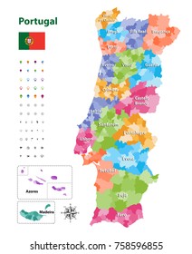 vector map of Portugal districts and autonomous regions, subdivided into municipalities. Each region have own color palette. Flag of Portugal. Navigation, location and travel icons