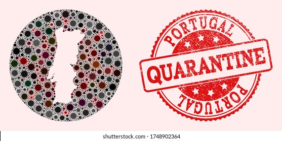 Mapa vectorial del mosaico portugués del virus de la gripe y el foco de cuarentena de grunge rojo. Las células de infección atacan el territorio de cuarentena desde el espacio.