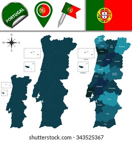 Vector map of Portugal with named divisions and travel icons