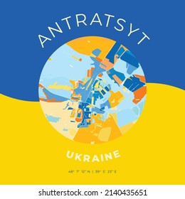 Vector map print template of Antratsyt, Luhansk Oblast, Ukraine with bright blue, green and yellow colors. The various shades follow a radom principle. Art map for any decorative use.