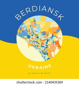 Vector map print template of Berdiansk, Zaporizhia Oblast, Ukraine with bright blue, green and yellow colors. The various shades follow a radom principle. Art map for any decorative use.