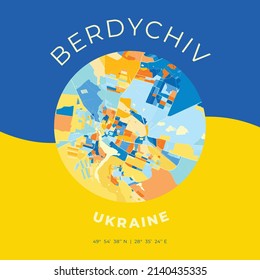 Vector map print template of Berdychiv, Zhytomyr Oblast, Ukraine with bright blue, green and yellow colors. The various shades follow a radom principle. Art map for any decorative use.