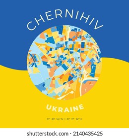 Vector map print template of Chernihiv, Chernihiv Oblast, Ukraine with bright blue, green and yellow colors. The various shades follow a radom principle. Art map for any decorative use.
