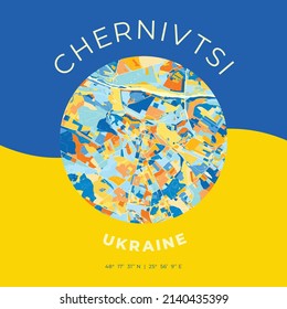 Vector map print template of Chernivtsi, Chernivtsi Oblast, Ukraine with bright blue, green and yellow colors. The various shades follow a radom principle. Art map for any decorative use.