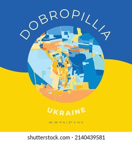 Vector map print template of Dobropillia, Donetsk Oblast, Ukraine with bright blue, green and yellow colors. The various shades follow a radom principle. Art map for any decorative use.