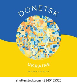 Vector map print template of Donetsk, Donetsk Oblast, Ukraine with bright blue, green and yellow colors. The various shades follow a radom principle. Art map for any decorative use.