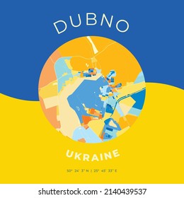 Vector map print template of Dubno, Rivne Oblast, Ukraine with bright blue, green and yellow colors. The various shades follow a radom principle. Art map for any decorative use.