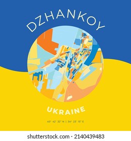 Vector map print template of Dzhankoy, Crimea, Ukraine with bright blue, green and yellow colors. The various shades follow a radom principle. Art map for any decorative use.