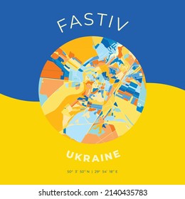 Vector map print template of Fastiv, Kiev Oblast, Ukraine with bright blue, green and yellow colors. The various shades follow a radom principle. Art map for any decorative use.