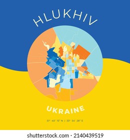 Vector map print template of Hlukhiv, Sumy Oblast, Ukraine with bright blue, green and yellow colors. The various shades follow a radom principle. Art map for any decorative use.