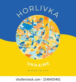 Vector map print template of Horlivka, Donetsk Oblast, Ukraine with bright blue, green and yellow colors. The various shades follow a radom principle. Art map for any decorative use.
