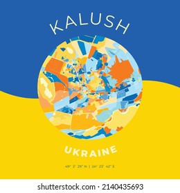 Vector map print template of Kalush, Ivano-Frankivsk Oblast, Ukraine with bright blue, green and yellow colors. The various shades follow a radom principle. Art map for any decorative use.