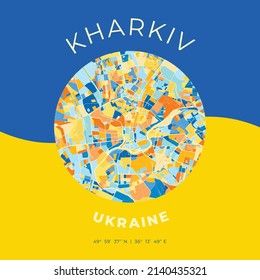 Vector map print template of Kharkiv, Kharkiv Oblast, Ukraine with bright blue, green and yellow colors. The various shades follow a radom principle. Art map for any decorative use.