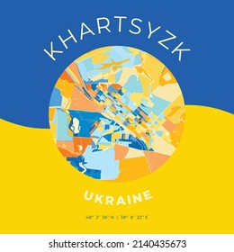 Vector map print template of Khartsyzk, Donetsk Oblast, Ukraine with bright blue, green and yellow colors. The various shades follow a radom principle. Art map for any decorative use.