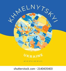 Vector map print template of Khmelnytskyi, Khmelnytskyi Oblast, Ukraine with bright blue, green and yellow colors. The various shades follow a radom principle. Art map for any decorative use.