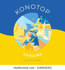 Vector map print template of Konotop, Sumy Oblast, Ukraine with bright blue, green and yellow colors. The various shades follow a radom principle. Art map for any decorative use.