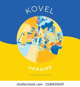 Vector map print template of Kovel, Volyn Oblast, Ukraine with bright blue, green and yellow colors. The various shades follow a radom principle. Art map for any decorative use.