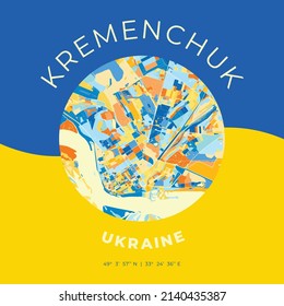 Vector map print template of Kremenchuk, Poltava Oblast, Ukraine with bright blue, green and yellow colors. The various shades follow a radom principle. Art map for any decorative use.