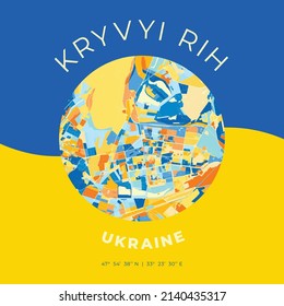 Vector map print template of Kryvyi Rih, Dnipropetrovsk Oblast, Ukraine with bright blue, green and yellow colors. The various shades follow a radom principle. Art map for any decorative use.