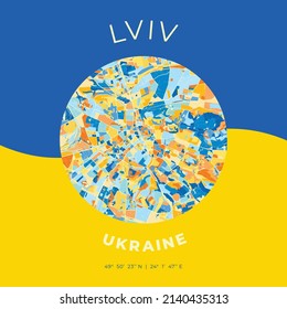 Vector map print template of Lviv, Lviv Oblast, Ukraine with bright blue, green and yellow colors. The various shades follow a radom principle. Art map for any decorative use.