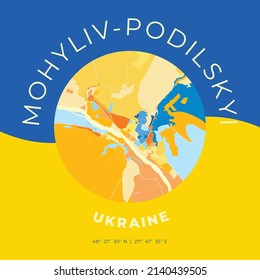 Vector map print template of Mohyliv-Podilskyi, Vinnytsia Oblast, Ukraine with bright blue, green and yellow colors. The various shades follow a radom principle. Art map for any decorative use.