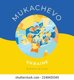 Vector map print template of Mukachevo, Zakarpattia Oblast, Ukraine with bright blue, green and yellow colors. The various shades follow a radom principle. Art map for any decorative use.