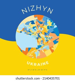 Vector map print template of Nizhyn, Chernihiv Oblast, Ukraine with bright blue, green and yellow colors. The various shades follow a radom principle. Art map for any decorative use.