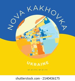 Vector map print template of Nova Kakhovka, Kherson Oblast, Ukraine with bright blue, green and yellow colors. The various shades follow a radom principle. Art map for any decorative use.