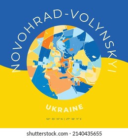 Plantilla de impresión de mapas vectores de Novohrad-Volynskyi, Óblast de Zhytomyr, Ucrania con colores azul brillante, verde y amarillo. Los diferentes matices siguen el principio del radom. Mapa de arte para cualquier uso decorativo.