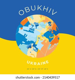 Vector map print template of Obukhiv, Kiev Oblast, Ukraine with bright blue, green and yellow colors. The various shades follow a radom principle. Art map for any decorative use.