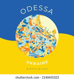 Vector map print template of Odessa, Odessa Oblast, Ukraine with bright blue, green and yellow colors. The various shades follow a radom principle. Art map for any decorative use.