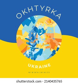 Vector map print template of Okhtyrka, Sumy Oblast, Ukraine with bright blue, green and yellow colors. The various shades follow a radom principle. Art map for any decorative use.