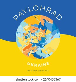 Vector map print template of Pavlohrad, Dnipropetrovsk Oblast, Ukraine with bright blue, green and yellow colors. The various shades follow a radom principle. Art map for any decorative use.
