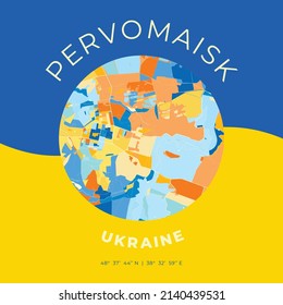 Vector map print template of Pervomaisk, Luhansk Oblast, Ukraine with bright blue, green and yellow colors. The various shades follow a radom principle. Art map for any decorative use.
