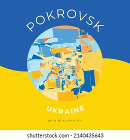 Vector map print template of Pokrovsk, Donetsk Oblast, Ukraine with bright blue, green and yellow colors. The various shades follow a radom principle. Art map for any decorative use.