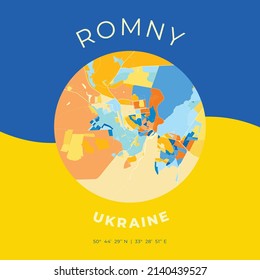 Vector map print template of Romny, Sumy Oblast, Ukraine with bright blue, green and yellow colors. The various shades follow a radom principle. Art map for any decorative use.