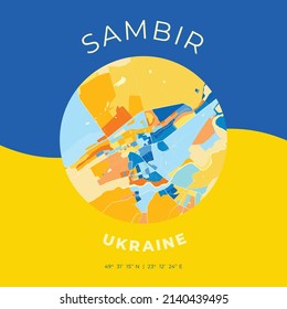 Vector map print template of Sambir, Lviv Oblast, Ukraine with bright blue, green and yellow colors. The various shades follow a radom principle. Art map for any decorative use.